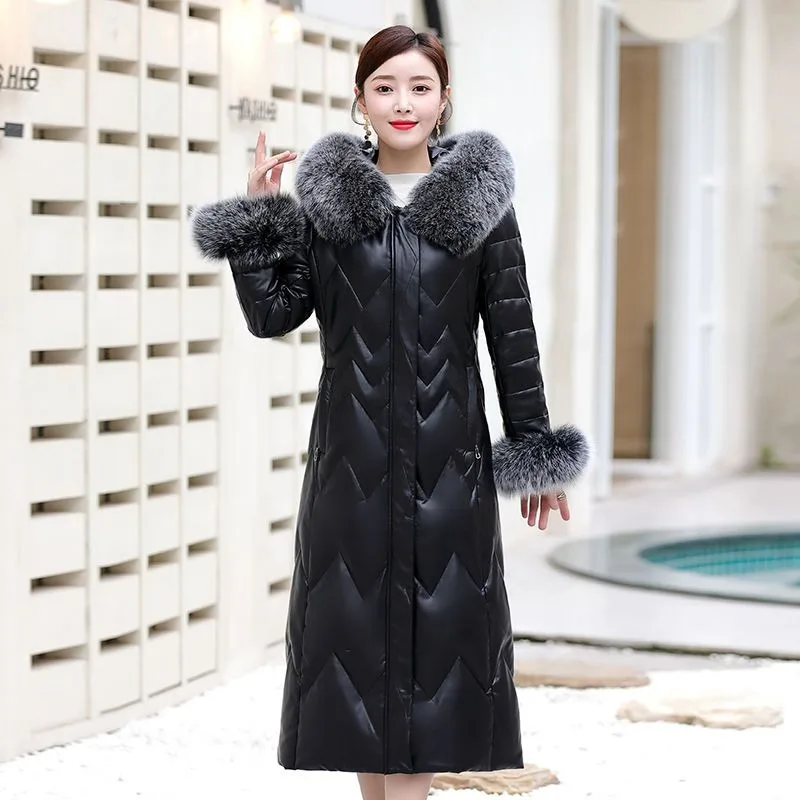 

2023 New Woman Haining Imitation Leather Jacket Down Coat Mid-length Thin Sheepskin Fox Fur Collar Hooded Large Overcoat