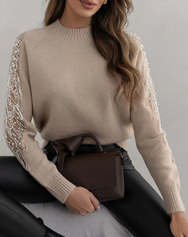 Women's Casual Sweater Mock Neck Long Sleeve Daily Work Winter 2023 Solid Contrast Sequin Beaded Sheer Mesh Patch Knit Sweater sequin mesh embroidery dragonfly long skirt women s spring and summer slim high waist pleated sweet midi tulle skirts female