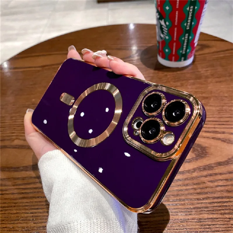 Plating Frame Phone Case iPhone 13 12 11 Pro Max 14 Plus For Magsafe Magnetic Wireless Charging Lens Protective_voghion.com
