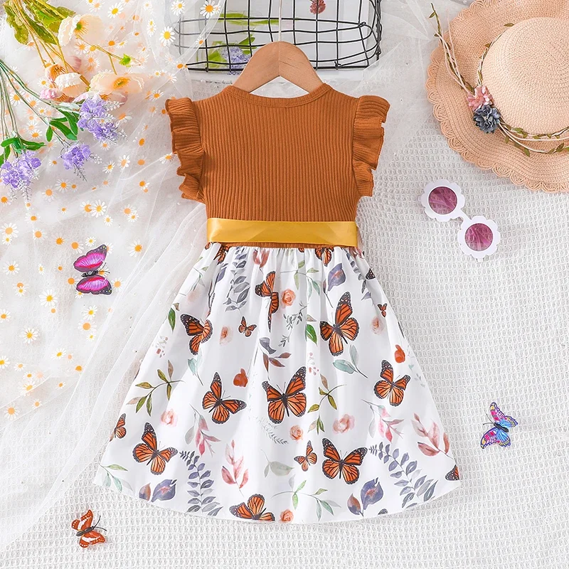 Dress For Kids 3-7 Years old Ruffled Sleeve Butterfly Floral Tulle Cute Princess Formal Dresses with Belt Ootd For Baby Girl