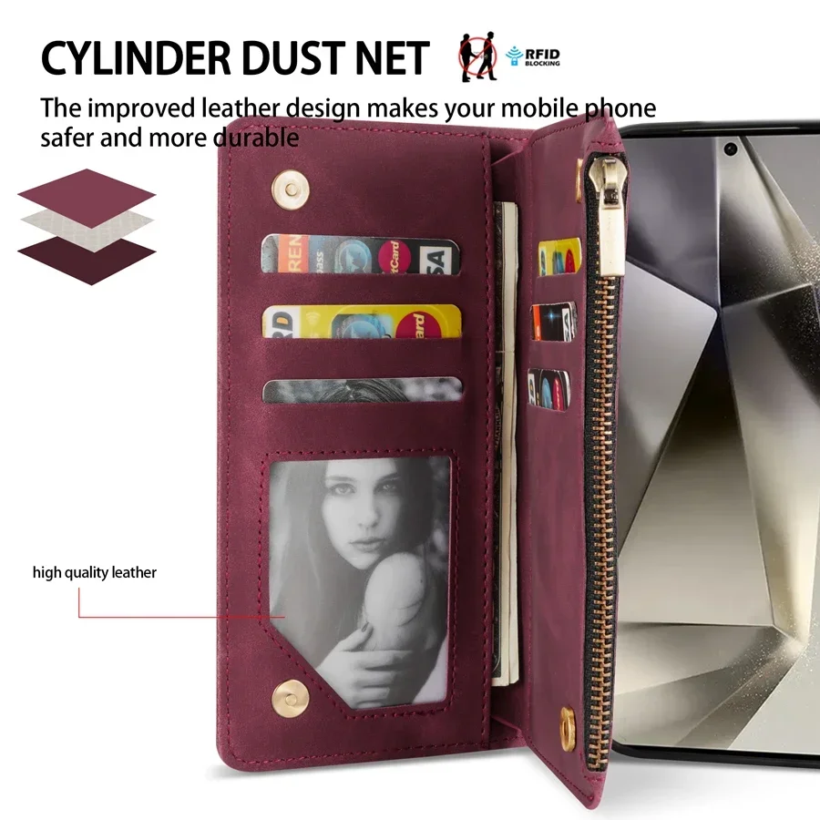 Multi-Card Zipper Magnetic Flip Leather Wallet Case