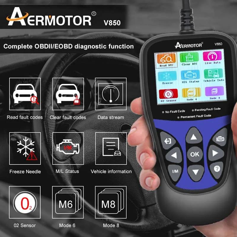 Car Code Reader V850 Automotive OBD2 Scan Tools Aermotor 850 PK ELM327/KW850/AS500 Check Engine Battery Tester 3