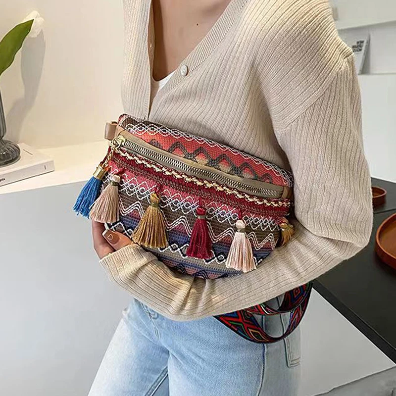 Riñoneras de estilo étnico para mujer, bolsos de cintura con correa ajustable de colores variados, con decoración de flecos, cruzados para el pecho| | - AliExpress