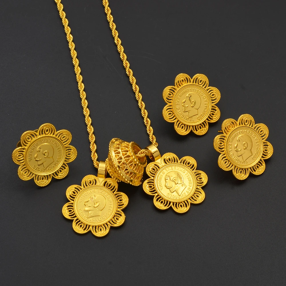 Ethiopian Gold Coin Jewelry Set – 24K Gold Plated Brass Alloy Necklace & Earrings, Nickel & Lead Free Gift Set