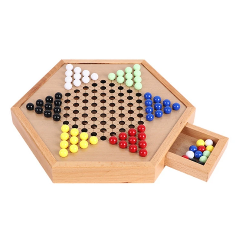 hexagonal-drawer-beech-acrylic-checkers-children's-adult-puzzle-wooden-checkers-set