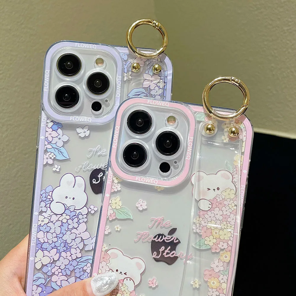 Elegant SoCouple Wrist Strap Case with Rabbit Flower Design - Phone Holder Cover