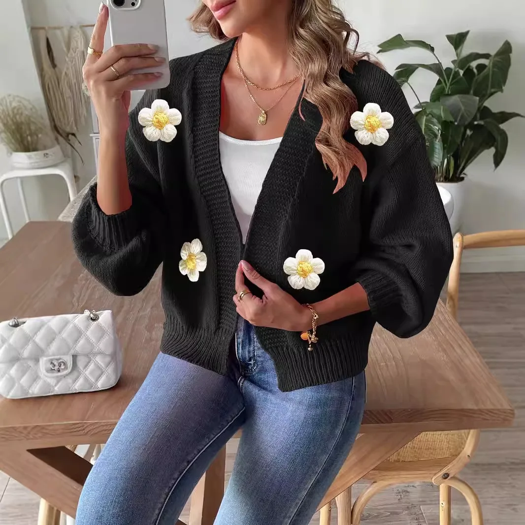 Women Autumn Winter Long Sleeve Crochet Knitwear Cardigan Sweater