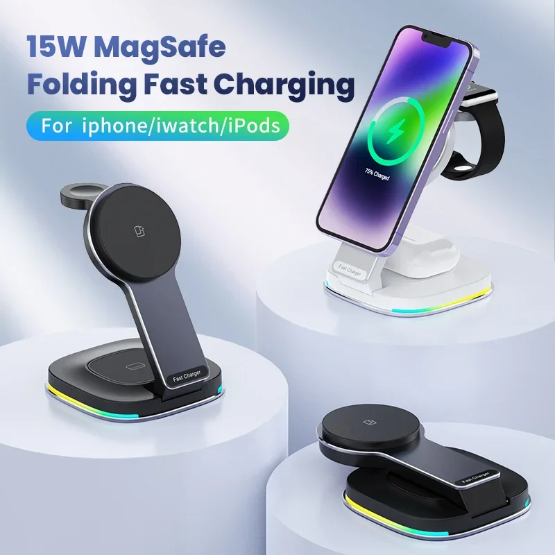 Caricabatterie Wireless Magnetico 3 In 1 Magsafe 15W Ricarica Rapida Universale Pieghevole Per Iphone 12 13 14 15 Pro Max Watch Airpods