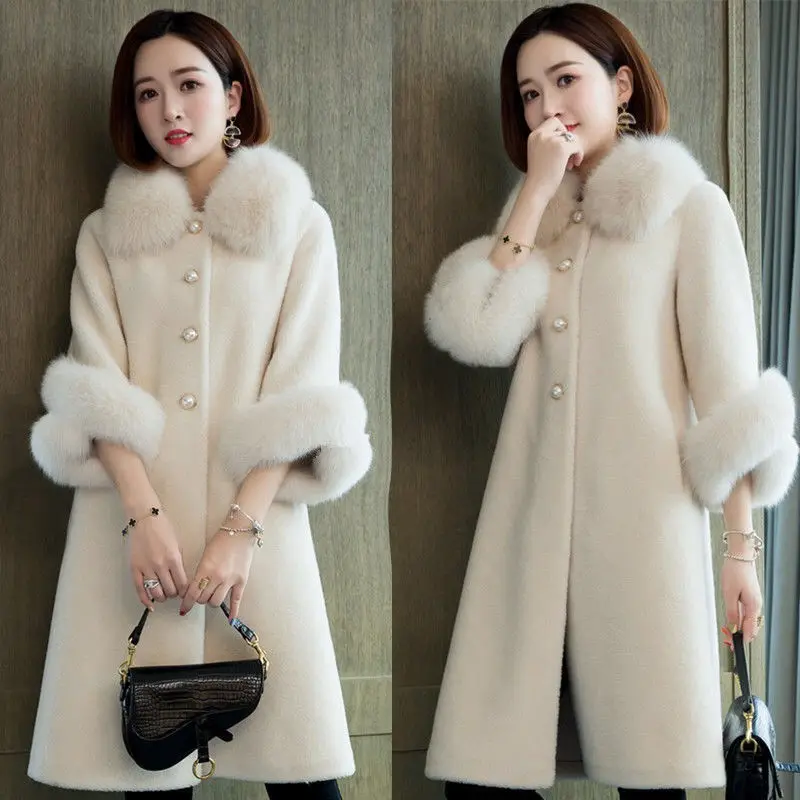 Korean Imaitation Mink Long Coat Women Casual Faux Fox Fur Collar Sheep Fleece Winter Jacket Plus Size Windproof Loose Overcoat