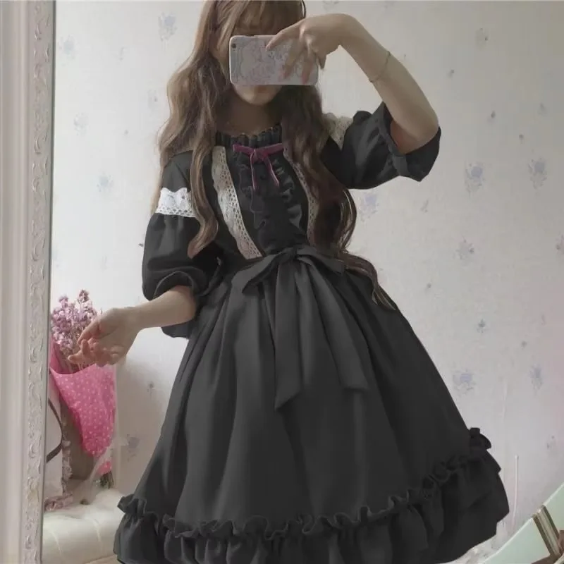 Alice In Wondeland Cute Women Lolita OP Dress Flouncing Lace Trim Japanese Harajuku Long Sleeves Doll Teen Dress Fairy Vestidos