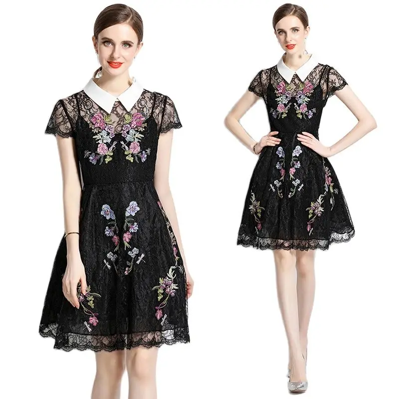 

Women's Floral Embroidery Lace Mini Black Dress, Short Sleeve, Slim, Peter Pan Collar, Vacation Dresses, Ballgown, Summer, 2023