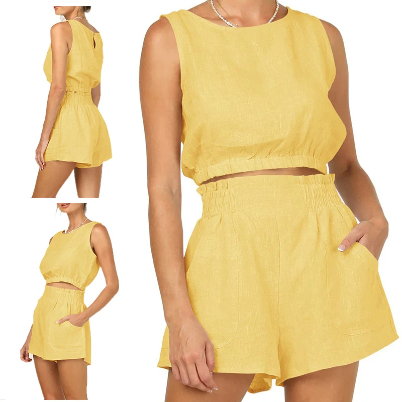 Summer Women Fashion Sleeveless Top Shorts Sets Sexy Strapless Sleeveless Shirt Shorts Outfits Office Lady Suits