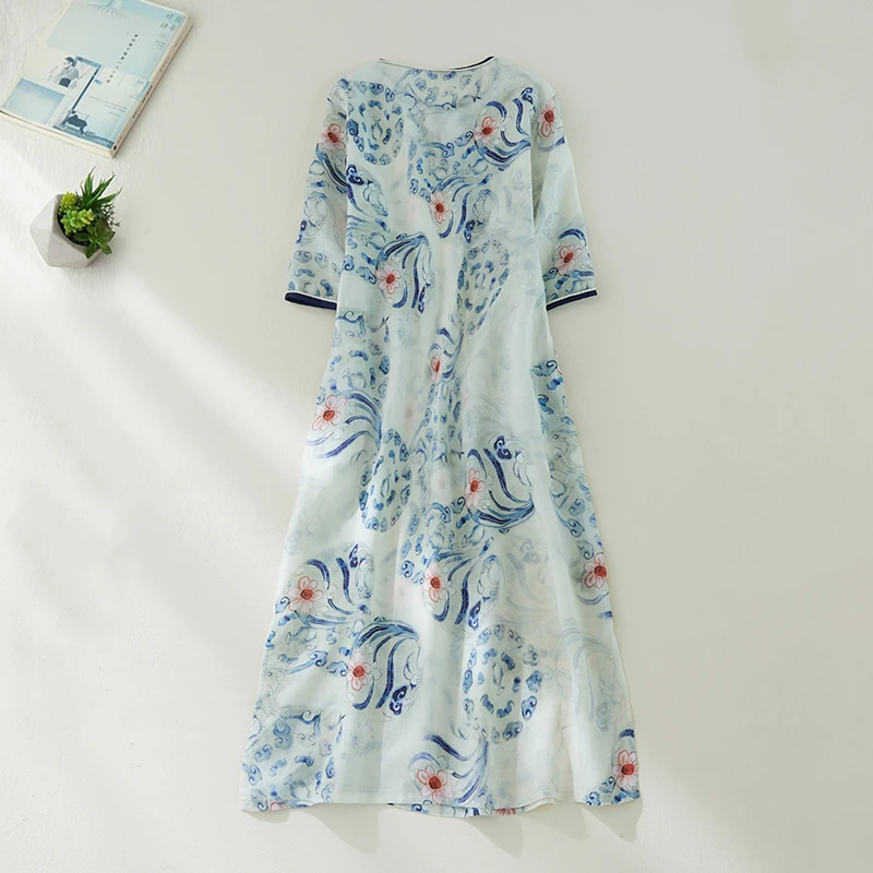 Summer Cotton Chinese Style Vintage Print Dresses For Women 2025 New Casual Loose Long Dress Femme Robe Vestidos Elegant Clothes