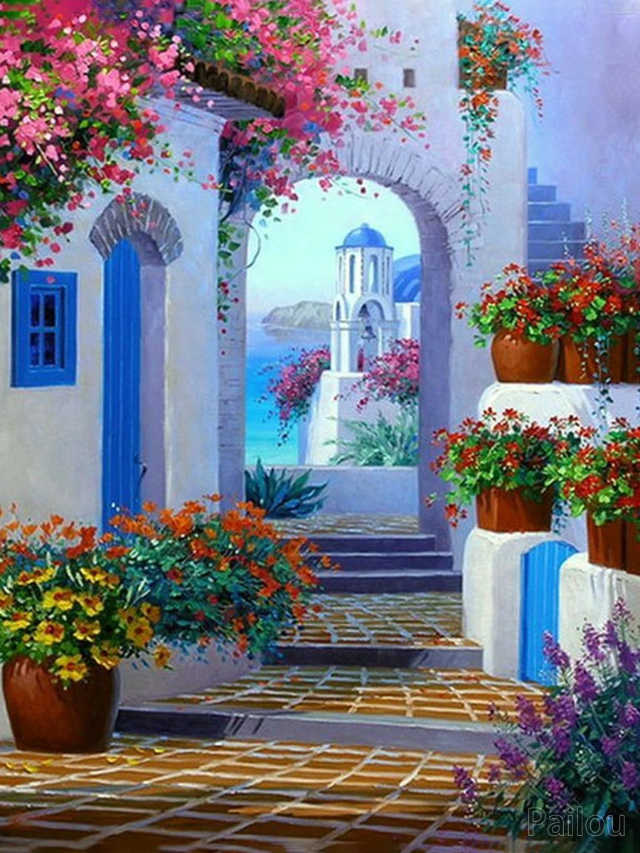 ギリシャの風景ダイヤモンド絵画,美しい青い海辺の花の風景,完全