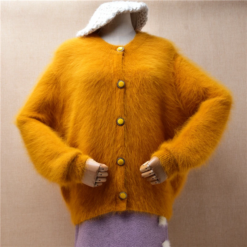 

Female Women Fall Winter Clothing Yellow Hairy Plush Mink Cashmere Knitted Long Lantern Sleeves Loose Cardigans Jacket Sweater