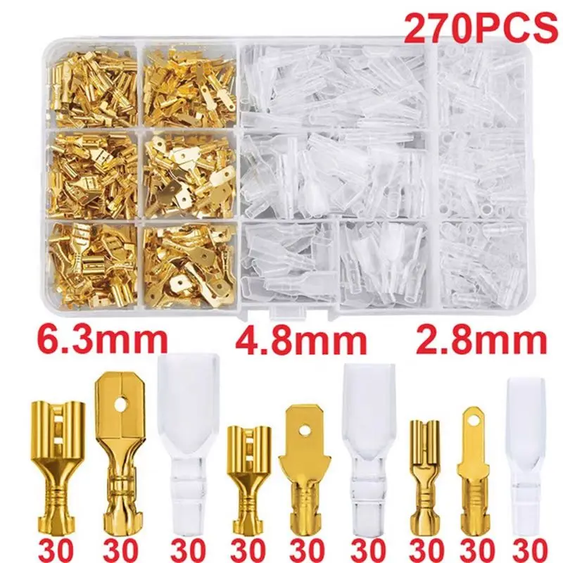 Wire Connectors Insulated Male Female 2.8/4.8/6.3mm Electrical Crimp Terminals Spade Assorted Kit 270PCS