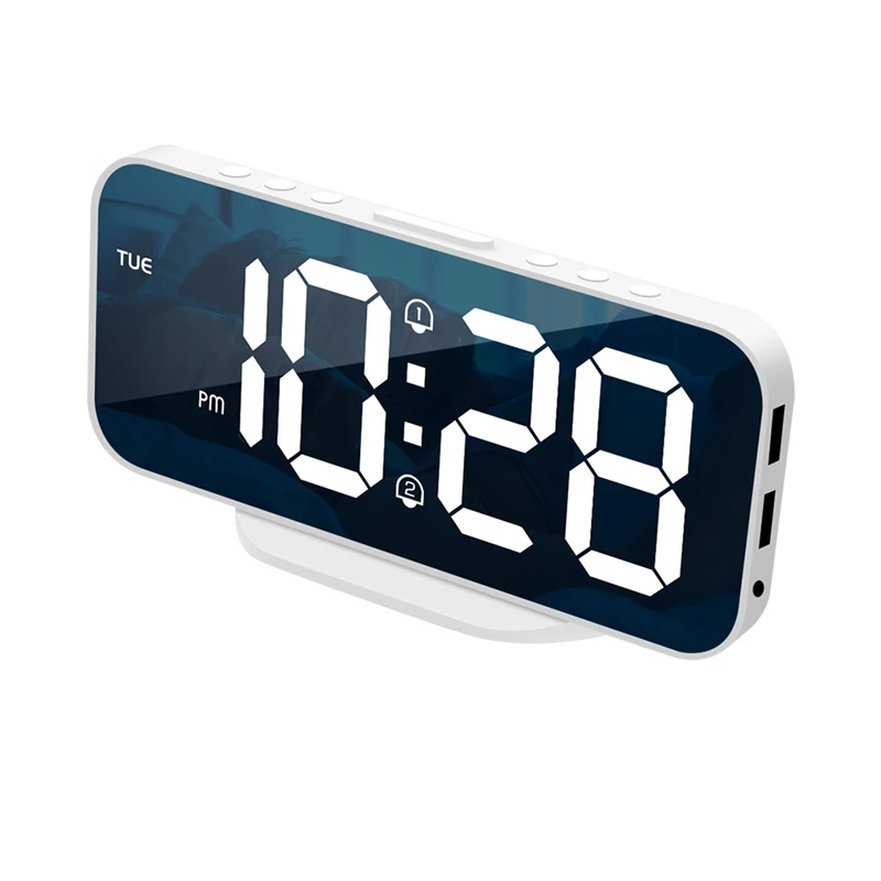 

HD Mirror Alarm Clock Digital Day Of Week Display Night Mode Unlimited Snooze Table Clock 12/24H Dual Alarm/LED Clock