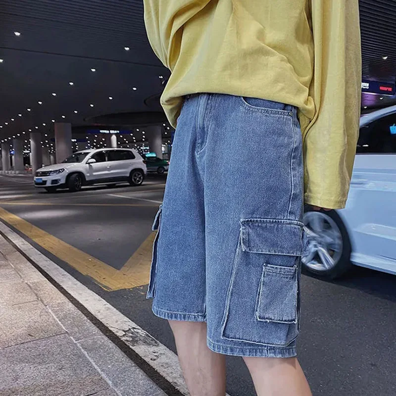 New Summer American Thin Denim Shorts Fashionable Men's High Quality Loose Straight Leg Travel Shopping Retro Large Pocket Jeans