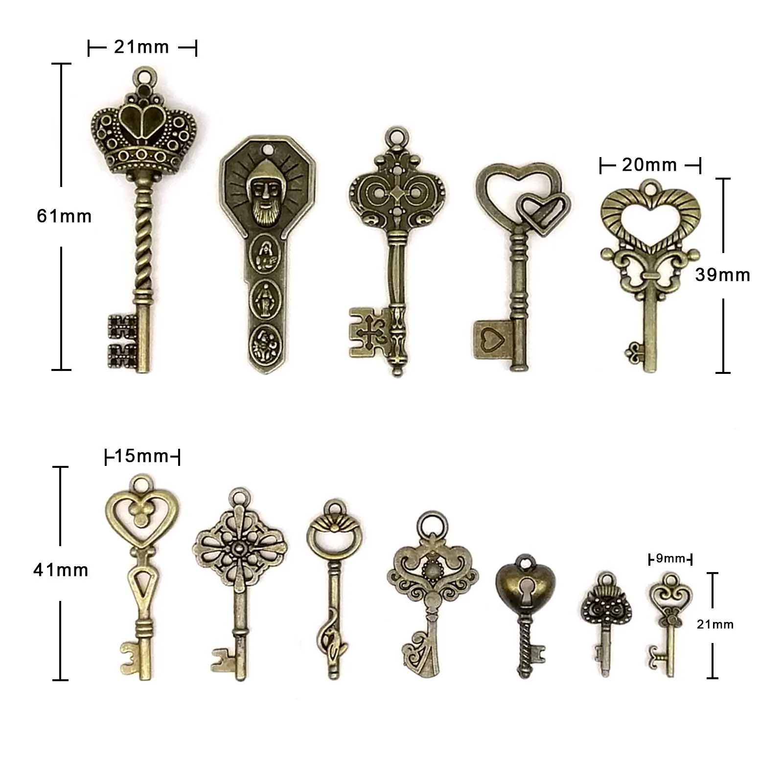 Decorative Vintage Key 1 kit Include 12pcs Old Looking Retro Antique Brass Bronze for Steampunk Charms Pendant Jewelry Making