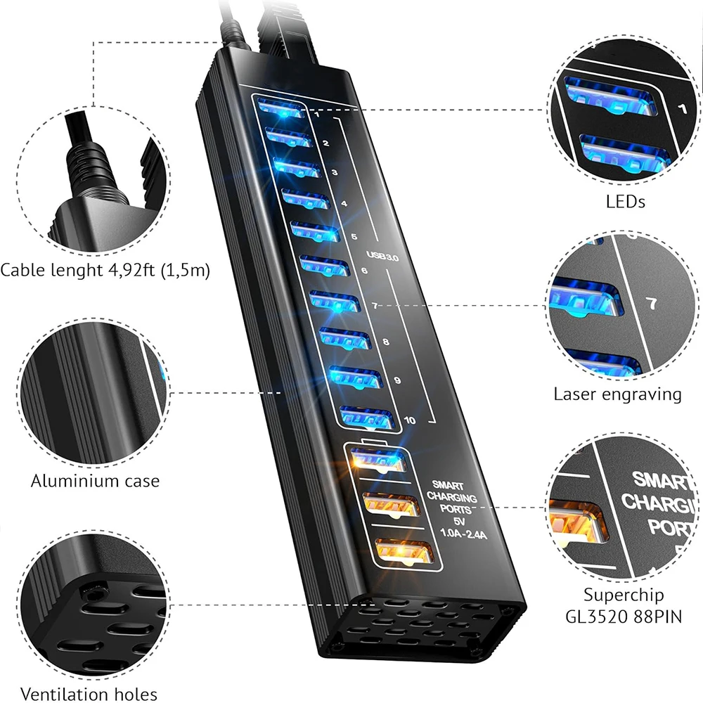 Ultra-Fast Aluminum USB 3.0 Hub with LED Light and Power Adapter