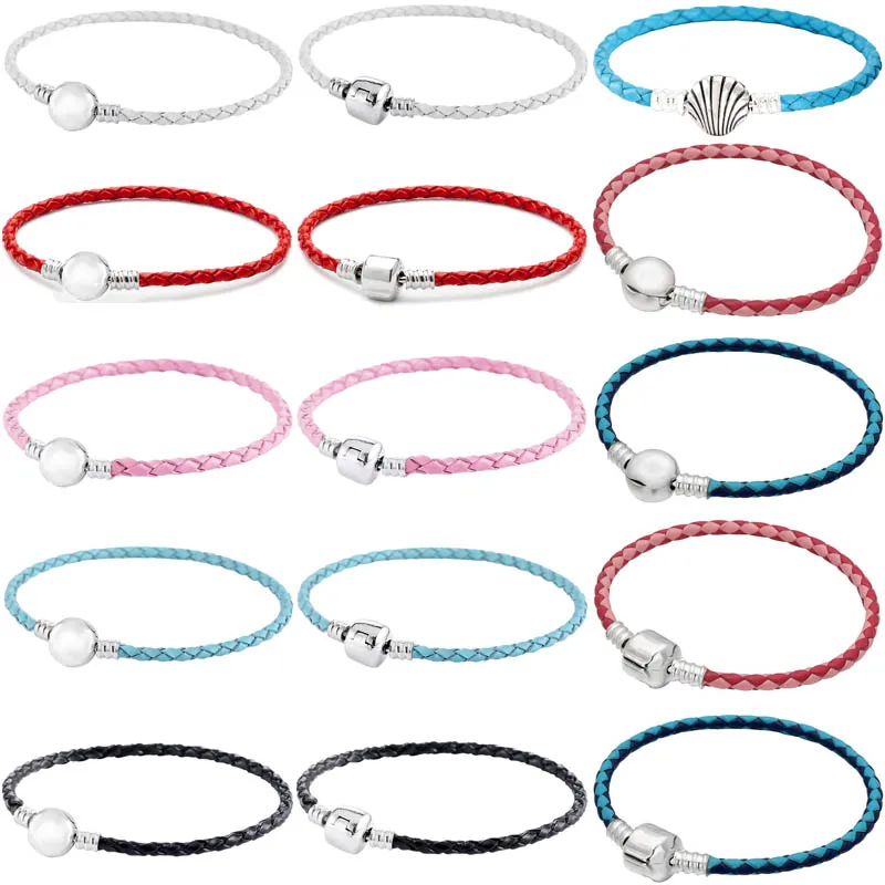 

16-44 Genuine Woven Leather Ball Barrel & Seashell Clasp Bracelet Bangle Fit Fashion 925 Sterling Silver Bead Charm DIY Jewelry