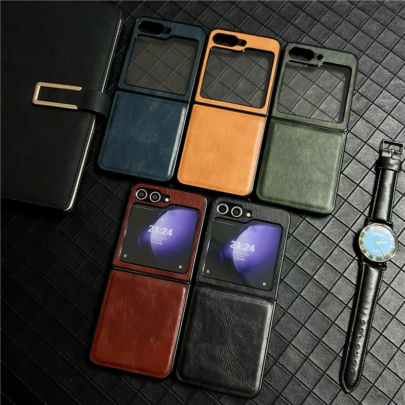 Pu Leather Phone Case For Samsung Galaxy Z Flip 5 5G Solid Color Small Screen Tempered Film Protective Shell Flip5 Cover