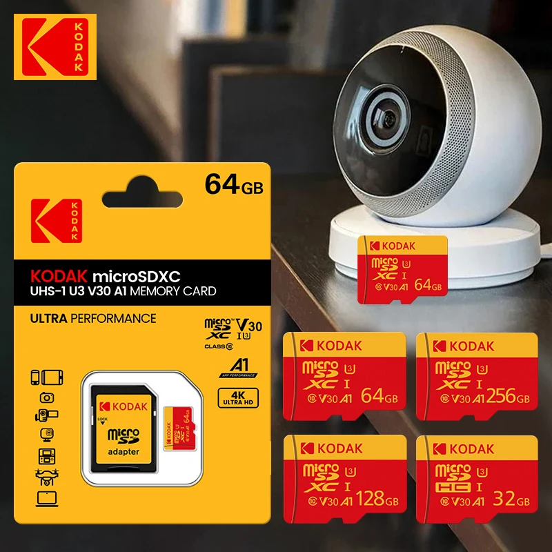 100% 오리지널 Kodak 레드 메모리 카드 128GB 64GB 32GB A1 마이크로 TF SD 카드 클래스 10 UHS-1 TF 플래시 카드(삼트폰/PC용)