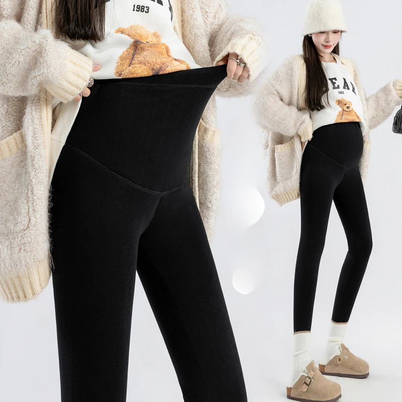 Winter Plus Size Maternity Leggings Thick Warm Pregnant Woman Full Ankle Length Leggings Cartoon Fleece Inside Belly Pants -30℃