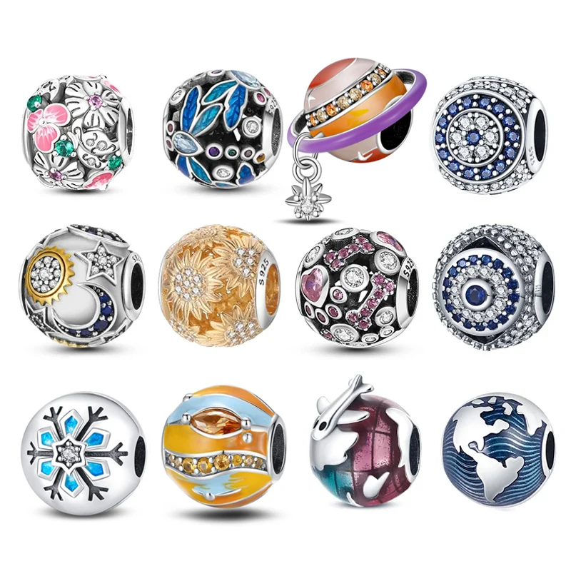 

New Silver Color Dazzling Blue Flowers Round Shape Beads Charms For Original 925 Pandora Bracelet Bangle Women Jewelry Making