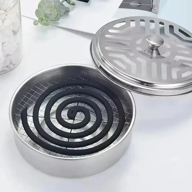 Mosquito Coils Holder Stainless Steel Mosquito Coil Box with Cover Round Coil Tray Easy To Clean Anti-Mosquito Supplies
