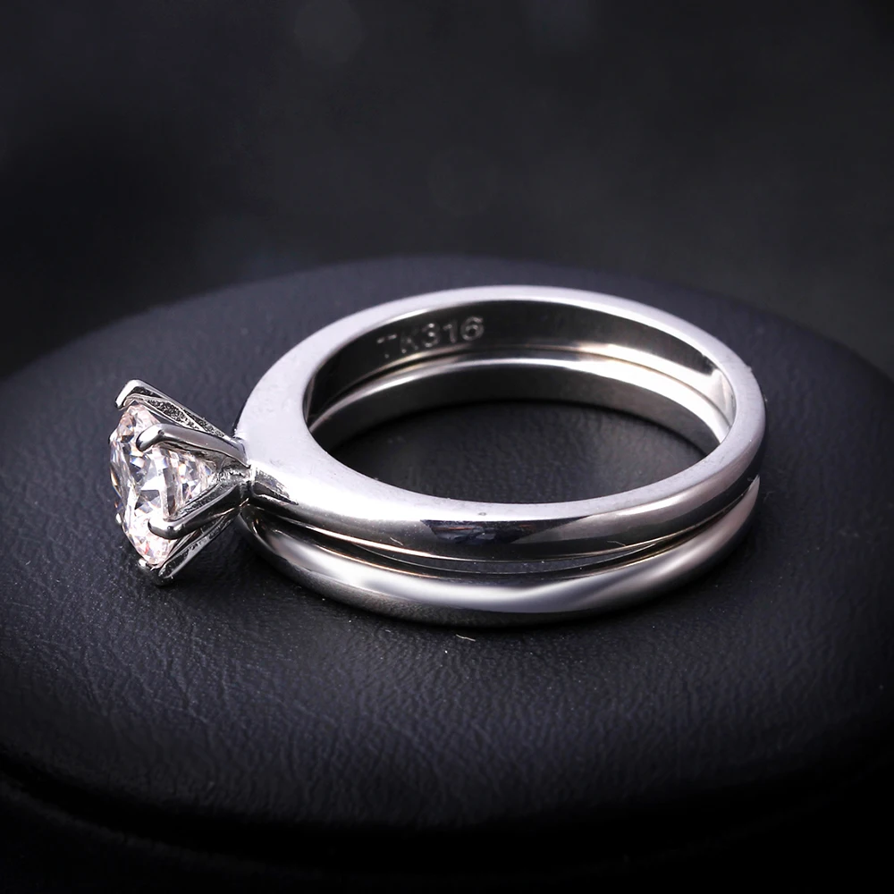 7mm 5A Cubic Zircon Ring 316L Stainless Steel Size 6-10 2PCS Set Engagement Wedding Jewelry For Women