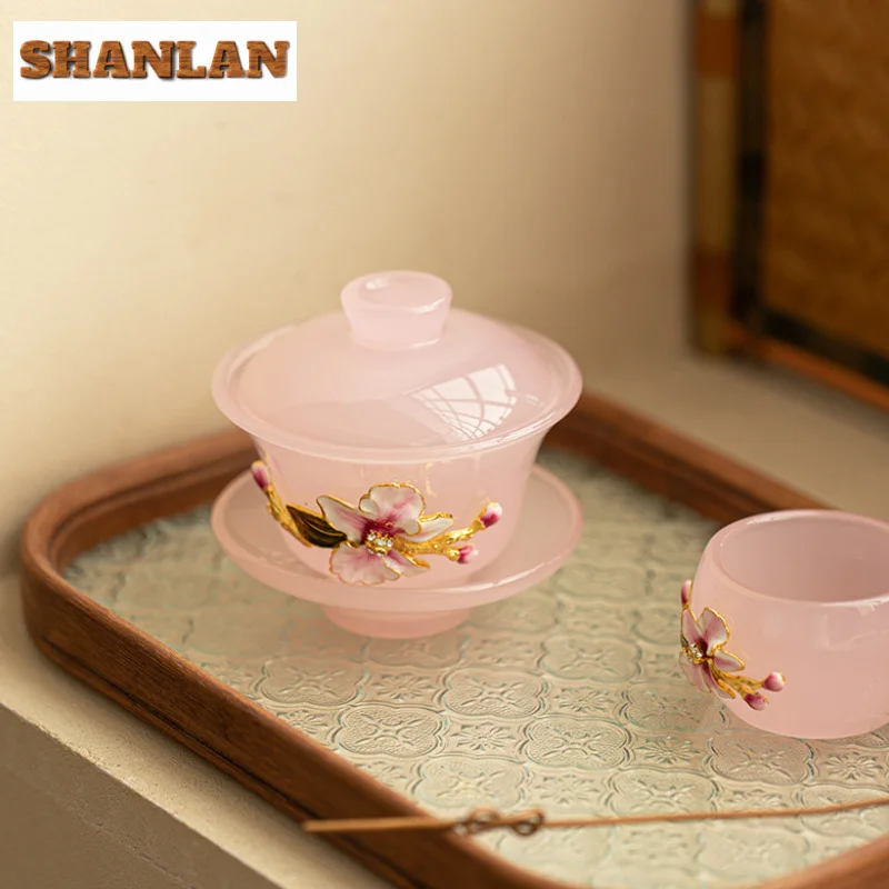 150ml Handmade Kneading Flower Glass Gaiwan Luxury Pink Glazed Crystal Sancai Tea Tureen Tea Brewing Cover Bowl Items Craft