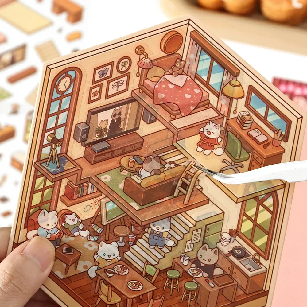 Cartoon 3D DIY Miniature Scene Sticker Pocket Cabin Scene Pasting and Stacking Festival Birthday Gift for Child Student