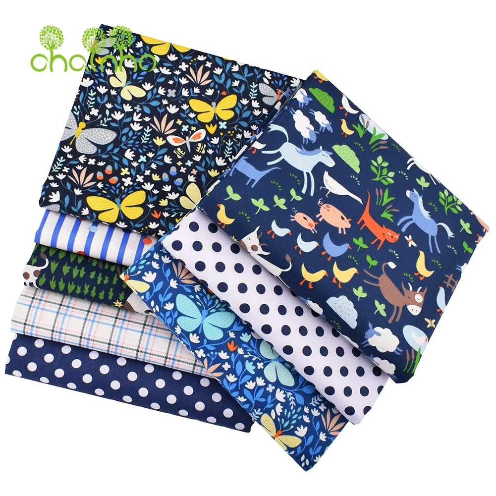 Chainho,Printed Twill Weave Cotton Fabric,Patchwork Cloth,DIY Sewing Quilting Material,Blue Farm Series,4 Specification,CC204