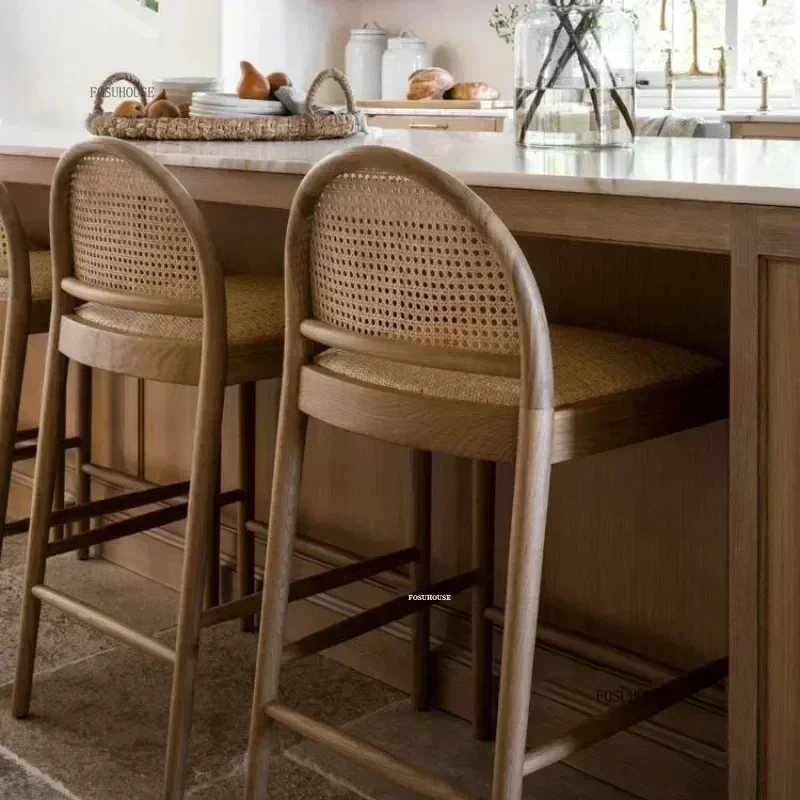 Modern Woven Rattan Bar Chairs Commercial Barstools Luxury Home Furniture Nordic Minimalist Solid Wood Kitchen High Stool H l