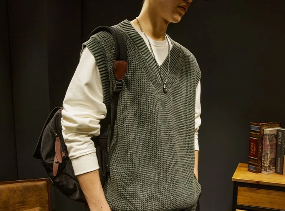 Description Picture 4 of itemKnitted Sweaters for Men Vest Plain Waistcoat Man Clothes Solid Color Motorcycle Sleeveless Heated Cheap Mode Overfit Cigaret S
