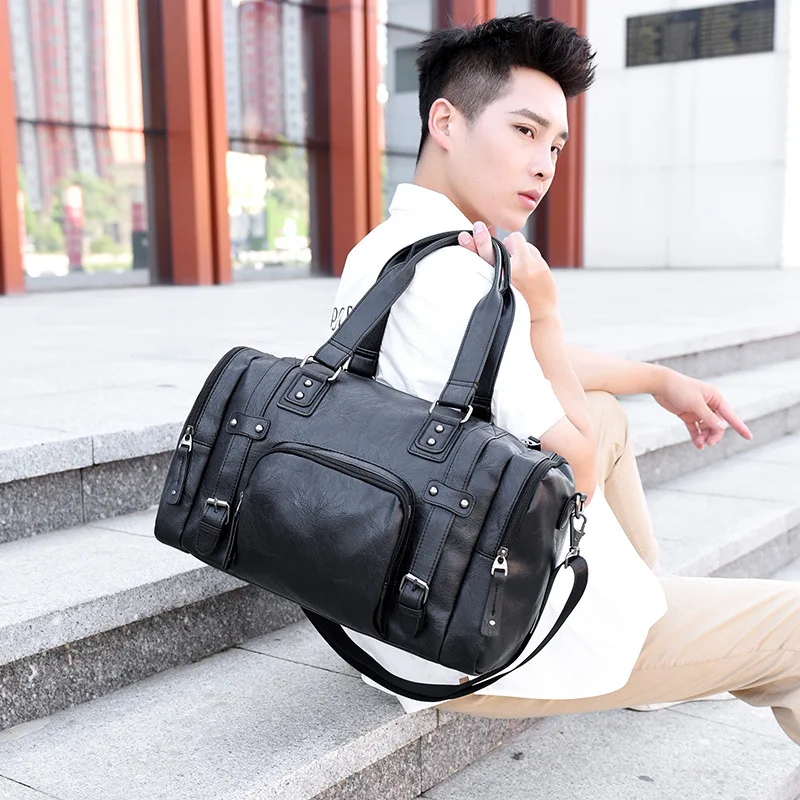 Travel Tote Men's Casual Travel Shoulder Bag Horizontal Outdoor Business Fitness PU Leather Handbag Personalized
