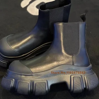 Thick Soled Round Toe Black Boots Women Fashion Real Leather Slip on Chelsea Short Boots  2023 New Designer Top Quality Shoes