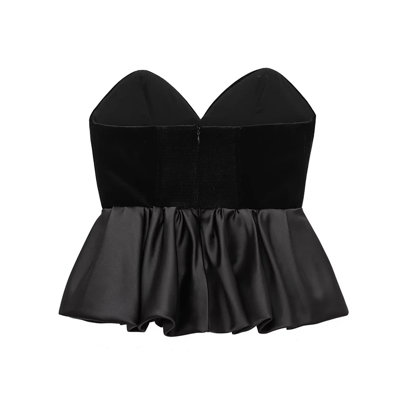 Sexy Off Shoulder Velvet Spliced Tube Top Women Black Backless Strapless Ruched A-line Tank Female 2025 Fashion Lady Party Gown