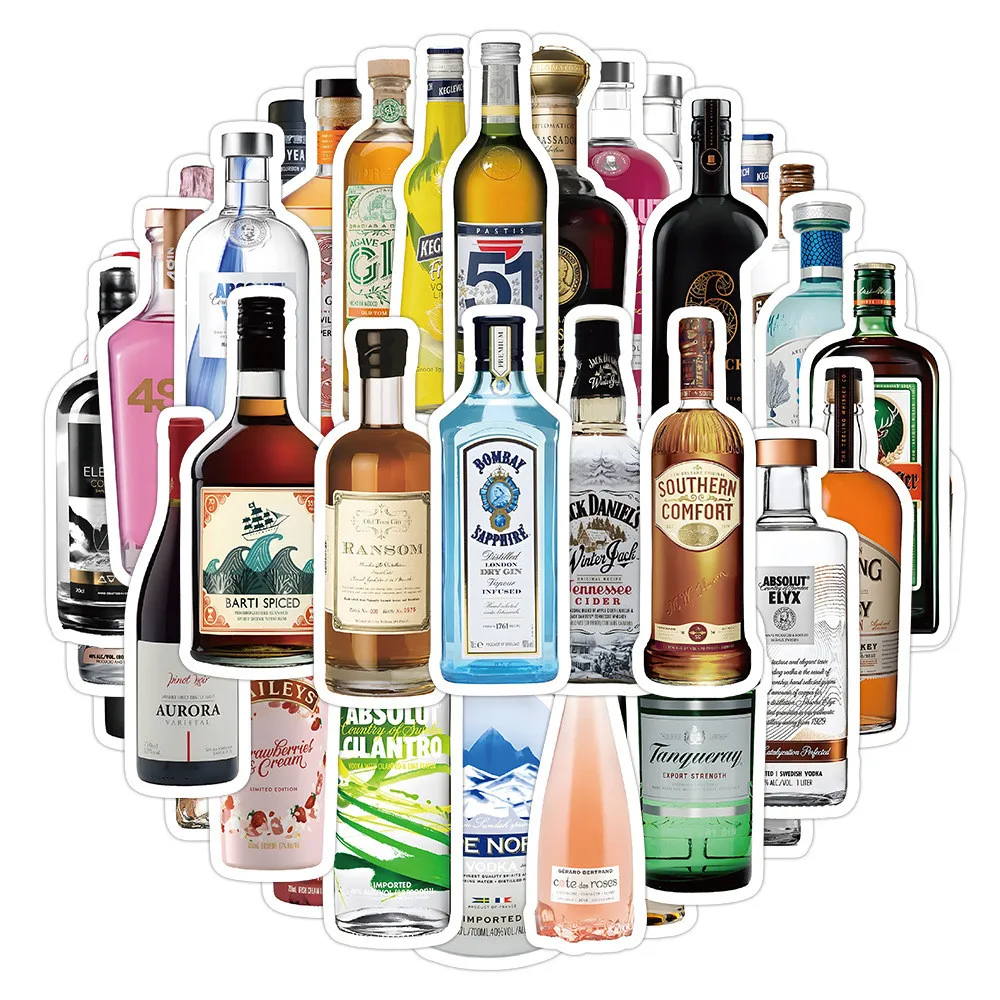 60PCS 샴페인 위스키 및 브랜디 병 그래피티 스티커 핸드 어카운트 연필 케이스 데칼 골든 메모리 스티커 스토어