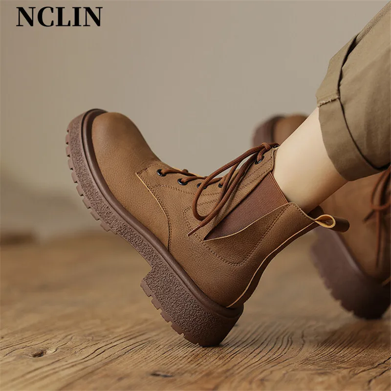 

2024 New Autumn/Winter Women Boots Round Toe Chunky Heel Boots for Women Split Leather Short Boot Concise Lace Platform Boots