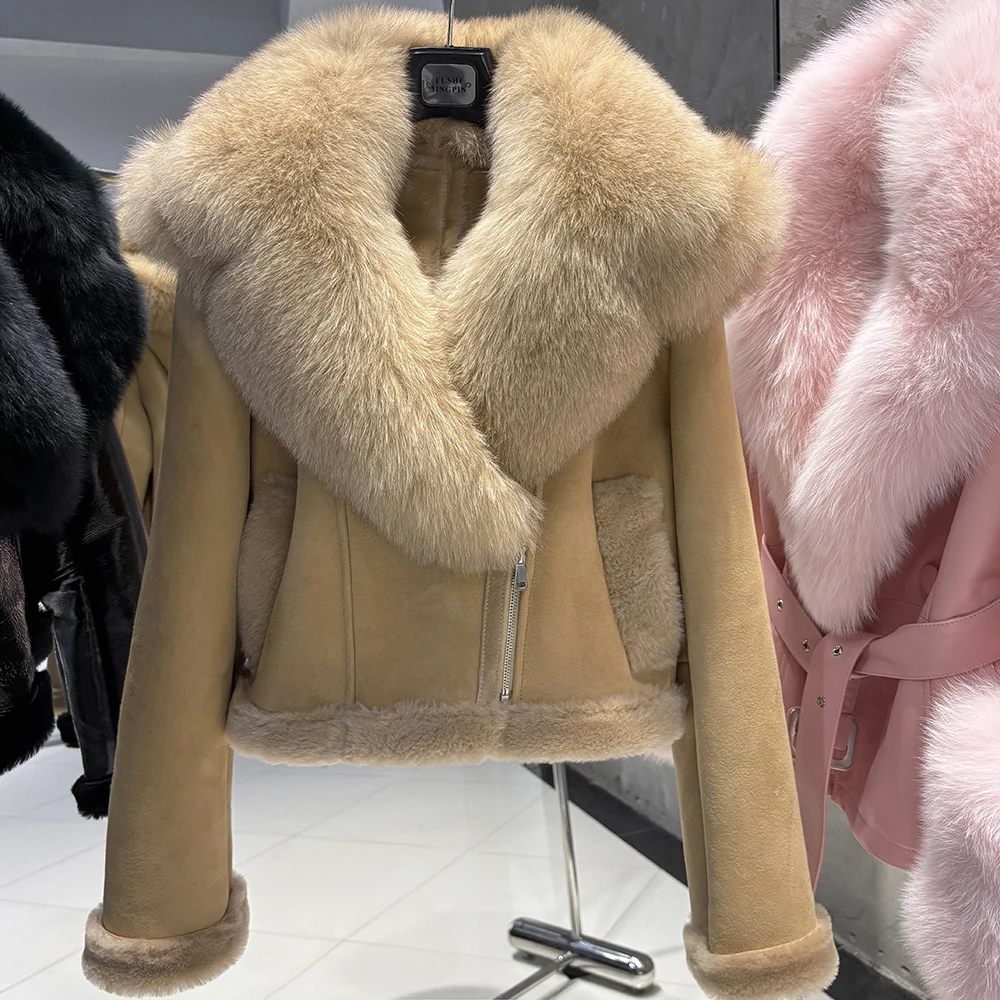 YOLOAgain 2025 Winter Warm Hooded Suede Shearling Jacket Coat Women Real Fox Fur Jacket