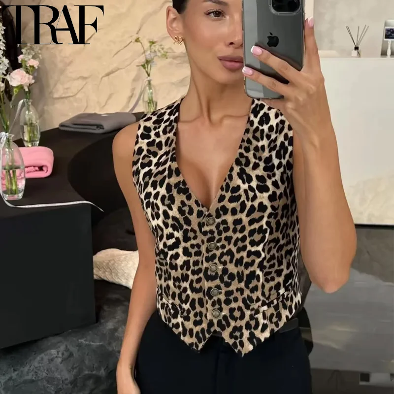 TRAF Leopard Women Vest Vintage Sleeveless Vest Woman Outerwears Animal Print Cropped Suit Vest V Neck Waistcoat Short Coats 6