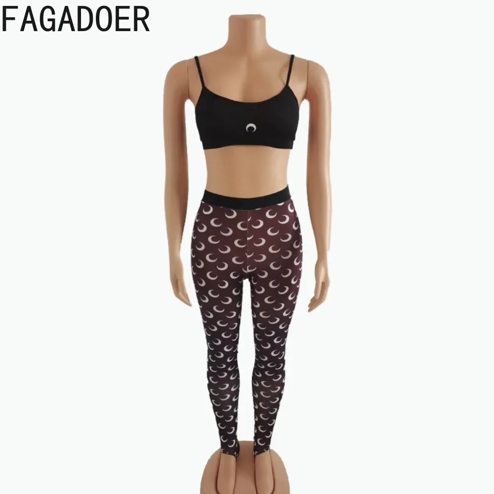 HLJ Fashion Printing Skinny Pants Two Piece Sets Women Thin Strap Sleeveless Crop Top And Pants Tracksuits Female 2pcs Outfits