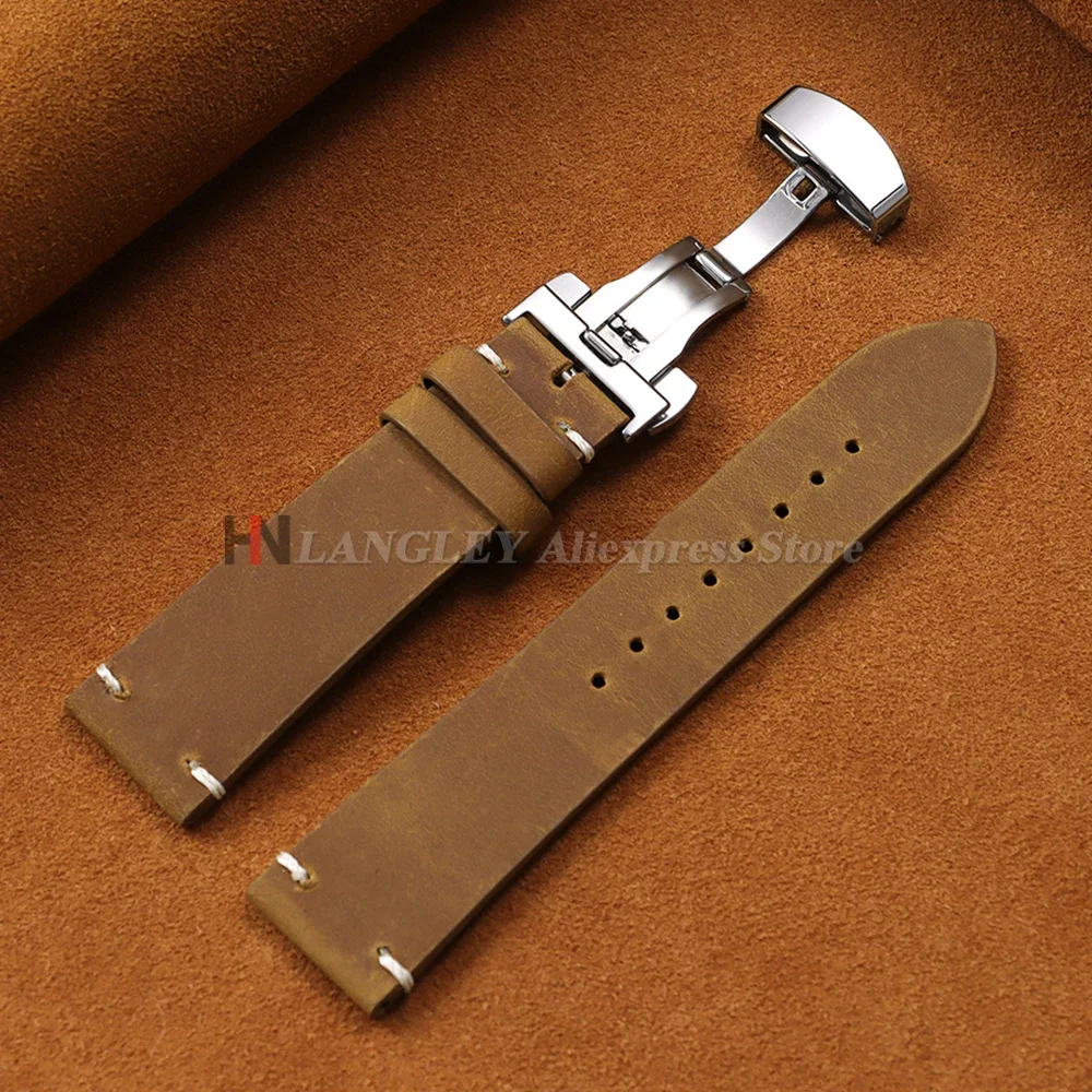Vintage-Nähte Rindslederarmband für Omega 18/20/21/22/24 mm Business-Armbänder für Seiko Lederarmband Schmetterlingsschnalle – Detail 12