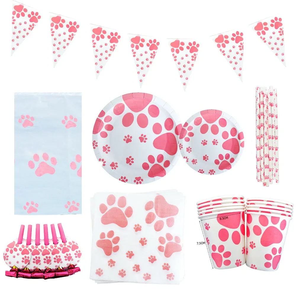 

Pink Dog Paw Birthday Baby Shower Farewell Wedding Annivarsary Thanks Party Disposable Decorations Sets of Napkins Plates Cups