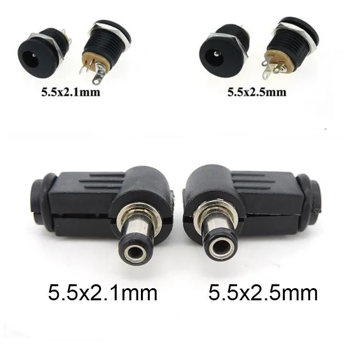 Enchufe macho y hembra de CC, Conector de montaje en Panel, ángulo recto de 90 grados, 5,5x2,1mm, c1, 5,5-2,1/5,5x2,5mm, DC-022