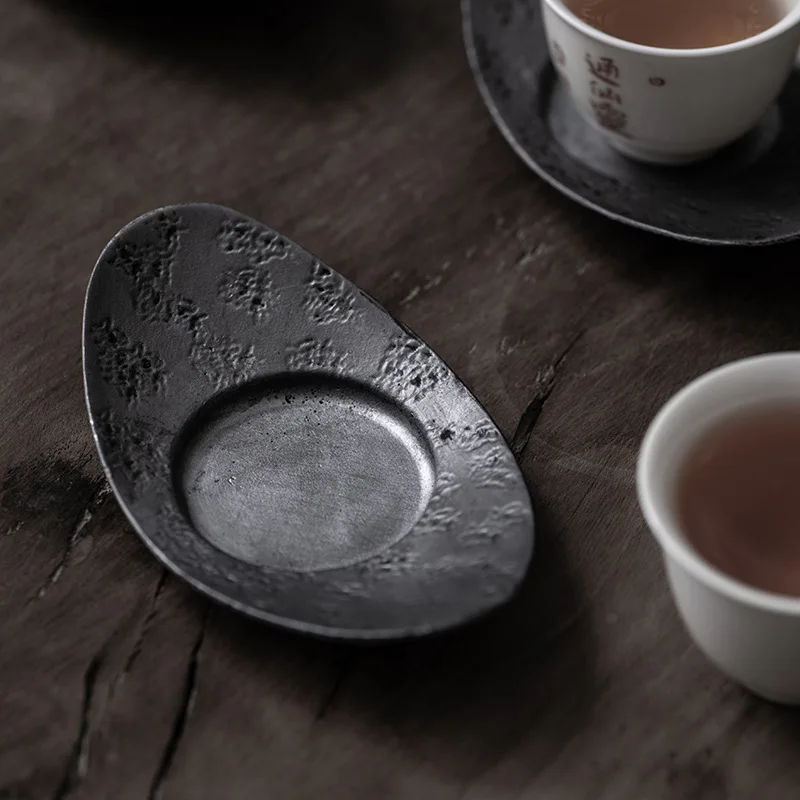 Retro Tin Cup Mat Tea Tray Tea Mat Handmade Hammer Pattern Tin Metal Japanese Cup Mat Kung Fu Tea Accessories