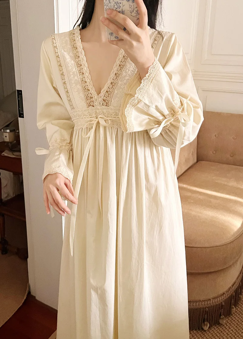 

Women Vintage Princess Night Dress Sweet Cotton V-Neck Ruffles Lace-Up Nightwear Victorian Fairy Sleepwear Pajamas Nightgowns