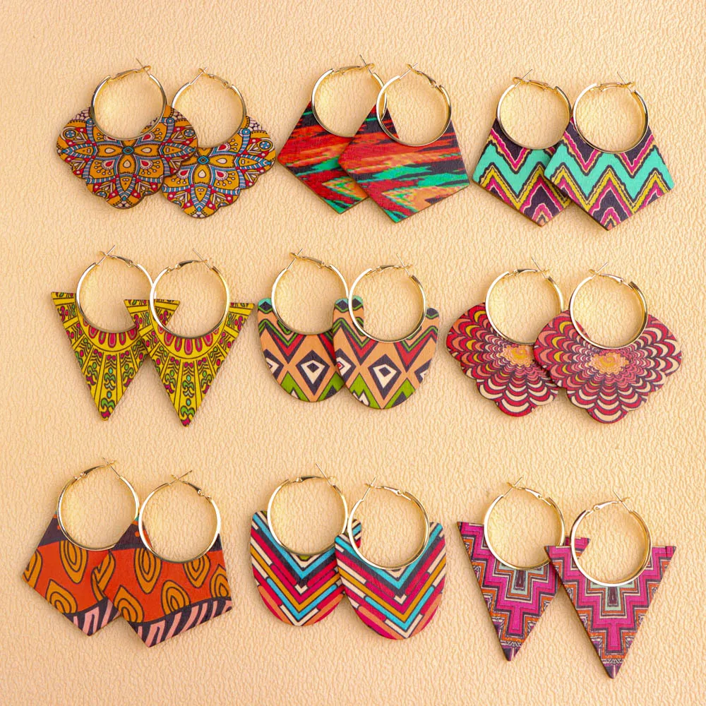 20 Paare/los Tie Dye Bunte Abstrakte frauen Holz Ohrringe Böhmischen Retro Hohl Hängen Ohrringe Täglichen Urlaub Schmuck – Detail 8